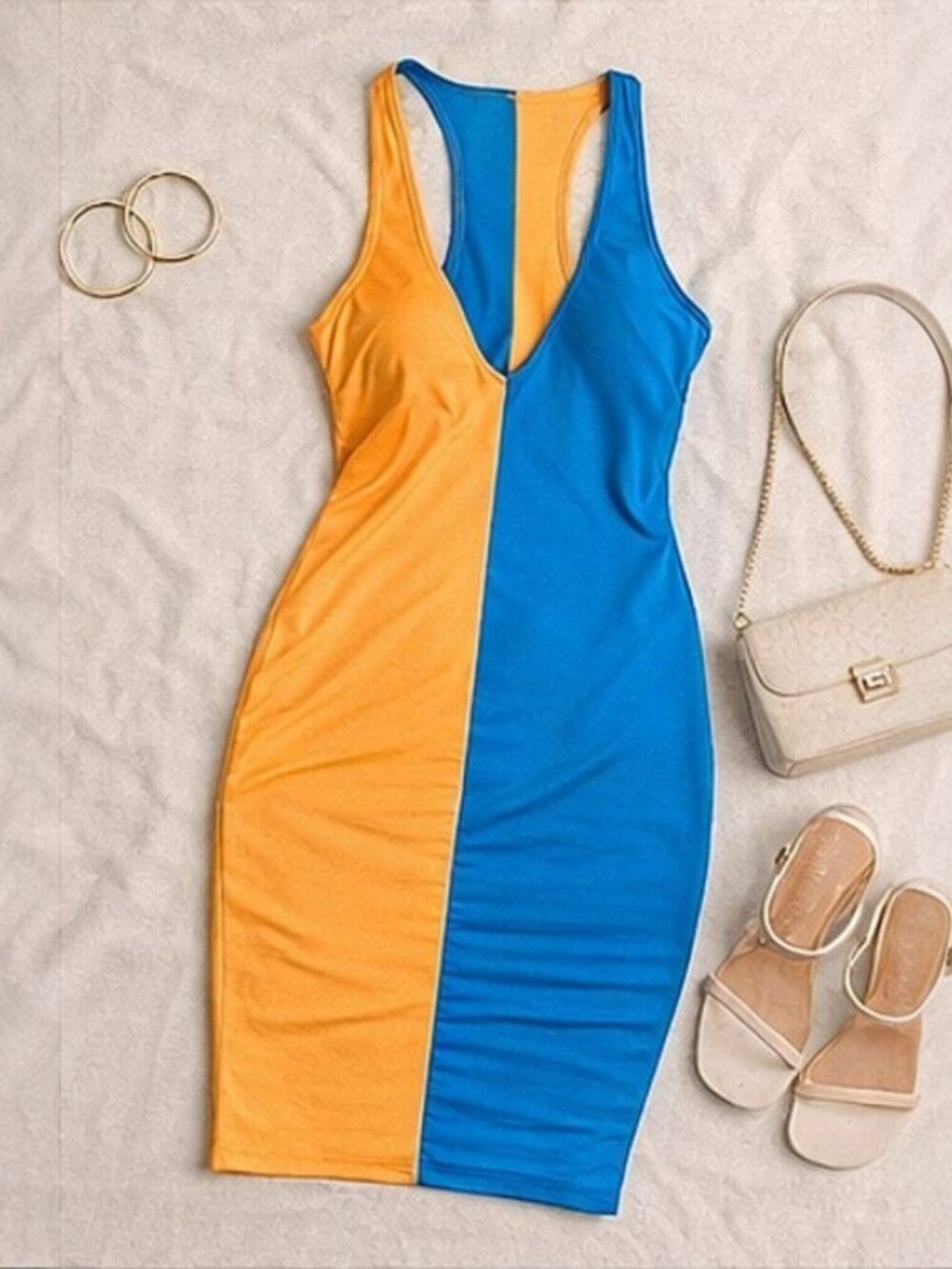 Bold Colorblock Bodycon Midi Dress Blue Orange Plunge Neck Cutout Back M - Picture 7 of 7